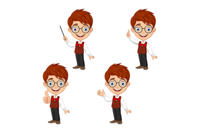 Cartoon smart boy in different poses