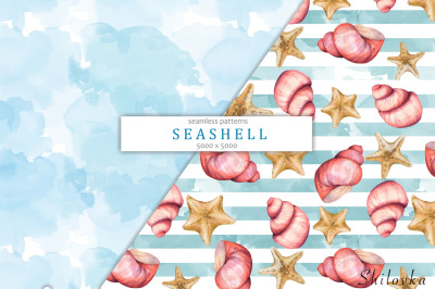 Seashells 1. Seamless pattern. Watercolor