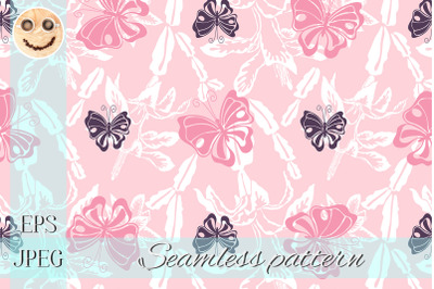 Pink butterfly white blooming cactus seamless pattern