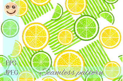 Citrus slices and green paint stripes seamless pattern