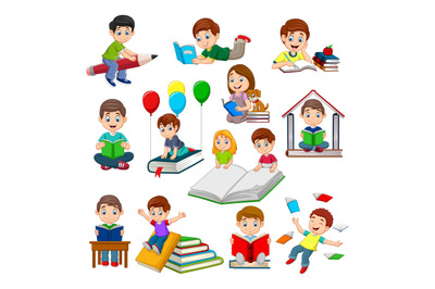 Cartoon school children reading book collection set