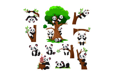 Cartoon baby collection set panda playing on a tree
