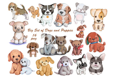 Big set of cute dogs and puppies. Watercolor.
