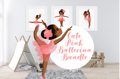 Cute Pink Afro Ballerina Bundle Clipart Graphic