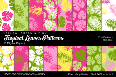 Tropical Leaves Digital Papers Yellow, Green And Pink