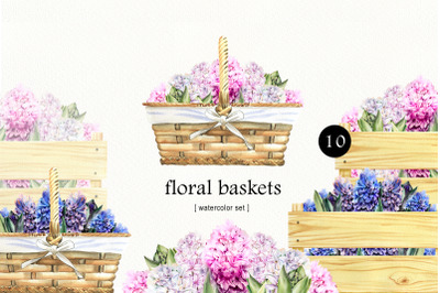 Watercolor Spring Flower basket clipart. Easter Clipart. Blue Pink flo