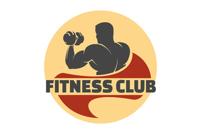 Fitness Retro Emblem. Bodybuilder with dumbbell in Hand. Vector illust