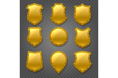 Gold shield shape emblem set. 3D golden emblem signs isolated on trans