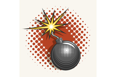 Cartoon Bomb With Burning Fuse in Pop art style. Vector illustration.