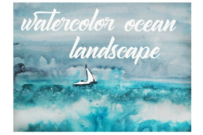 watercolor landscape sea and waves, the storm and the ship