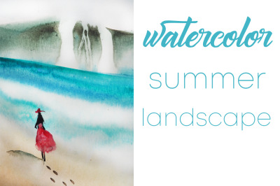 watercolor summer landscape sea and girl