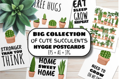 Cute Succulents Hygge Postcards Big Set