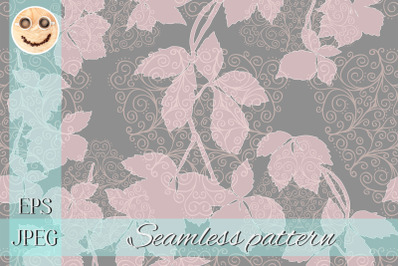 Nude pink grey leaves and doodles seamless pattern