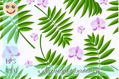 Purple orchid green palm branch on white seamless pattern