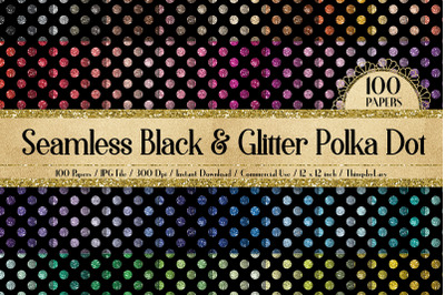 100 Seamless Black &amp; Glitter Polka Dot Digital Papers