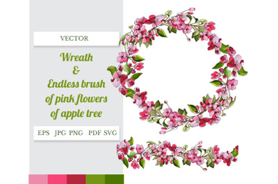 Wreath and endless brush of pink flowers of apple tree.