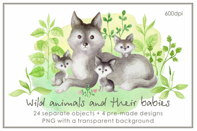 Wild animals and their babies. Mothers day watercolor set
