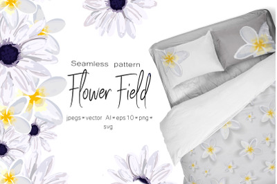 Spring set Flower field Seamless pattern and seamless border