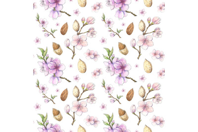 Spring blooming almond watercolor seamless pattern