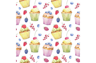 Dessert watercolor seamless pattern with cupcakes and berries