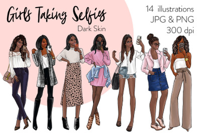 Watercolor Fashion Clipart - Girls Taking Selfies - Dark Skin