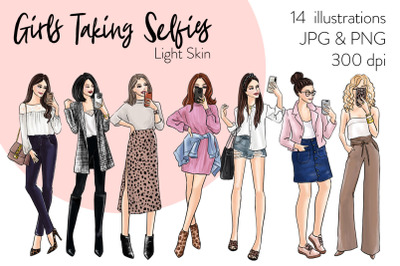 Watercolor Fashion Clipart - Girls Taking Selfies - Light Skin