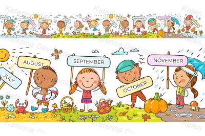 Children with months signs and changing weather and seasons