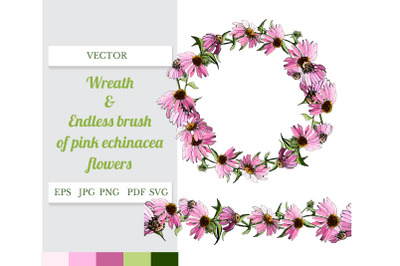 Wreath and endless brush of pink echinacea flowers.