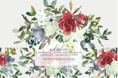 Red Blue &amp; Cream Watercolor Floral Clip Art Collection