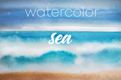 watercolor landscape and nature, ocean and wave of summer
