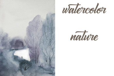 watercolor landscape and nature  spring and trees