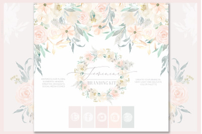 Feminine. Nude &amp; blush pink Watercolor flowers. Branding kit