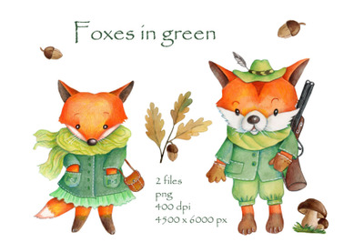 Foxes in Green. Watercolor illustration.