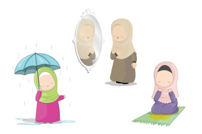 Set of hijab girls cartoon characters