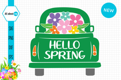 Hello spring Truck With Flowers Svg