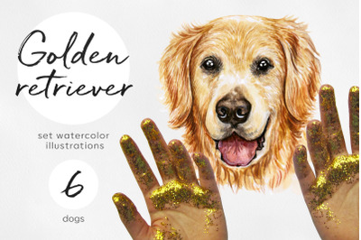 Golden Retriever. Watercolor set dog illustrations. 6 dogs