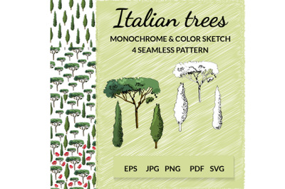 Hand drawn italian trees in sketch style. Vector clipart.