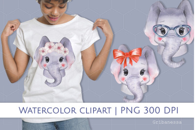 Watercolor Baby Elephant Clipart Set
