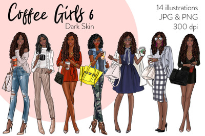 Watercolor Fashion Clipart - Coffee Girls 6 - Dark Skin