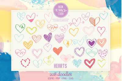 Hearts Mix Colors | Hand Drawn Romance Bundle | Scribble Doodles