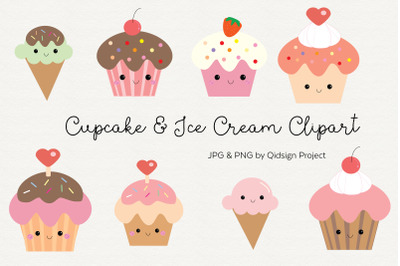 Cute cupcake and ice cream clipart