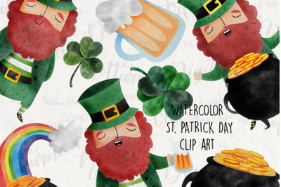 Watercolor St. Patrick&#039;s Day Clipart. Leprechaun, Shamrock, Clovers, R