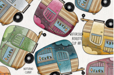 Watercolor Camper Clipart. Roulotte printable. Set of 15 png designs.
