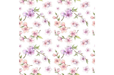 Spring cherry, sakura blossom watercolor seamless pattern