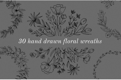 30 Hand drawn floral wreath. Simple line drawing.