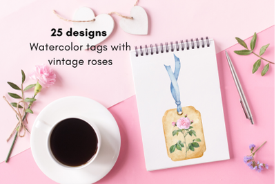 Watercolor Tags with Vintage Roses, Tags for Scrapbooking