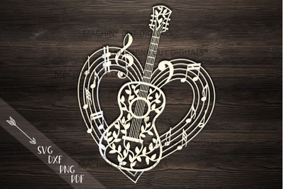 Guitar musical heart shape svg dxf laser cut out template