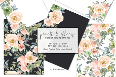 Peach &amp; Green Watercolor Floral Border Arrangements