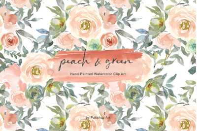 Peach &amp; Green Watercolor Floral Clip Art Set