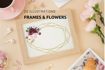 20 Geometric Frames, Frames with Vintage Flowers, Wedding Romantic Frames